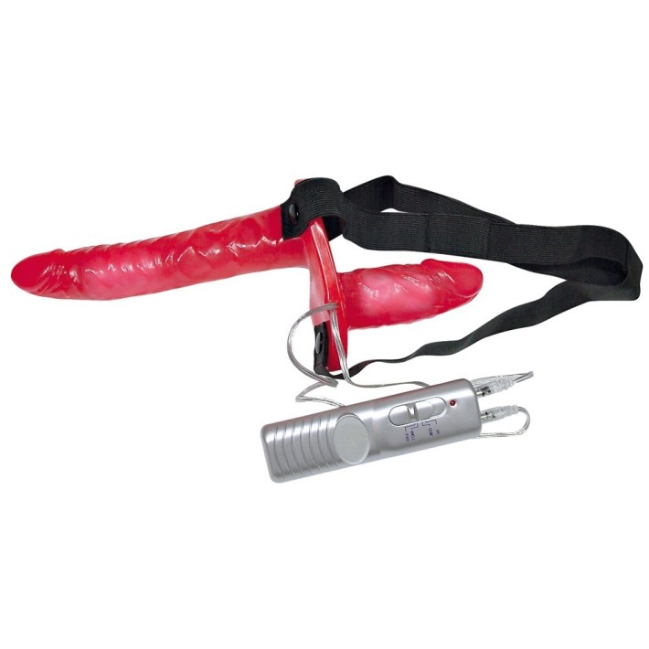 Strap-on Dublu Cu Vibratii, Rosu, 18 Cm