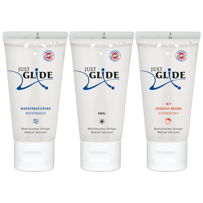 Set Lubrifianti Just Glide - Pe Baza De Apa + Anal + Aroma Capsune, 3 X 200 Ml