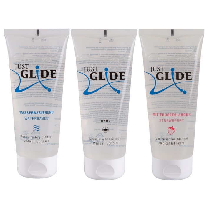 Set Lubrifianti Just Glide - Pe Baza De Apa + Anal + Aroma Capsune, 3 X 200 Ml