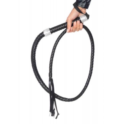 Bici Din Piele Impletita Rhinestone Handle Whip, Negru, 135 Cm