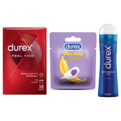 latex, Pachet Durex 18 Bucati X Prezervative Feel Thin + Inel Vibrator + Lubrifiant Play Feel 50 Ml , pasiune.ro