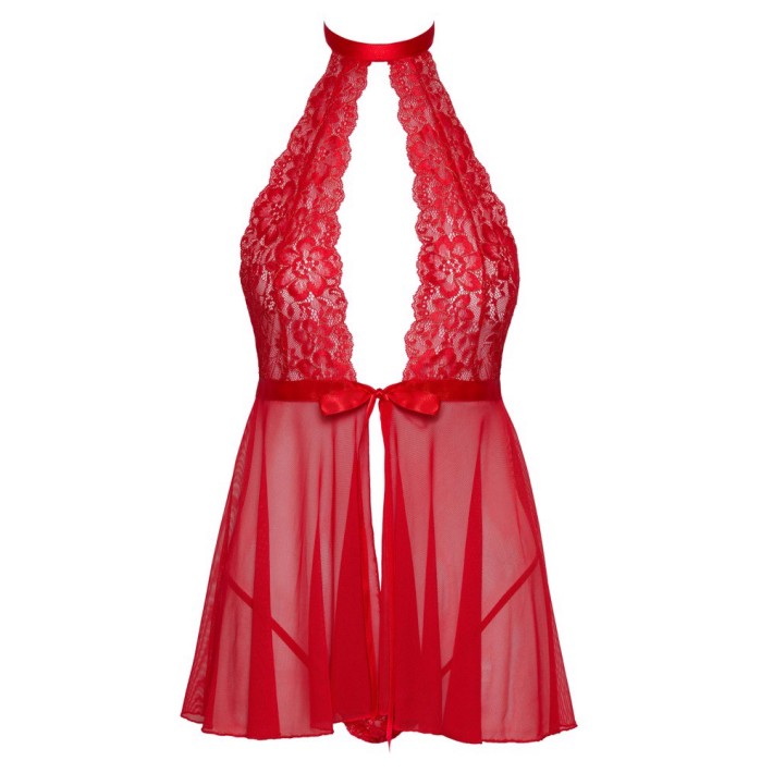 Babydoll Transparent Cu Tanga Din Dantela Kissable Rosu 3