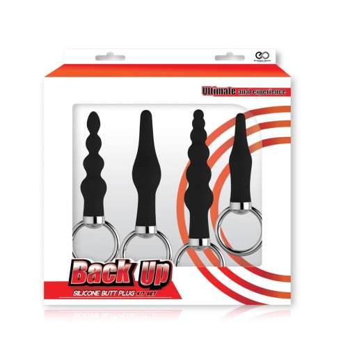 metalic, Kit Dopuri Anale Silcon Cu Inele Metalice Back Up, Negru, 4 Buc., pasiune.ro