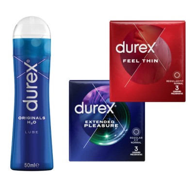 Pachet Durex Prezervative Extended Pleasure 3 Buc + Prezervative Feel Thin 3 Buc + Lubrifiant Durex Originals 50 Ml 