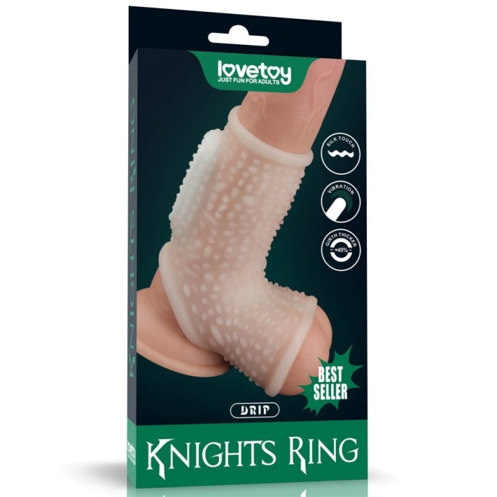 Inel Penis Cu Vibratii Drip Knights Ring With Scrotum Sleeve, Alb