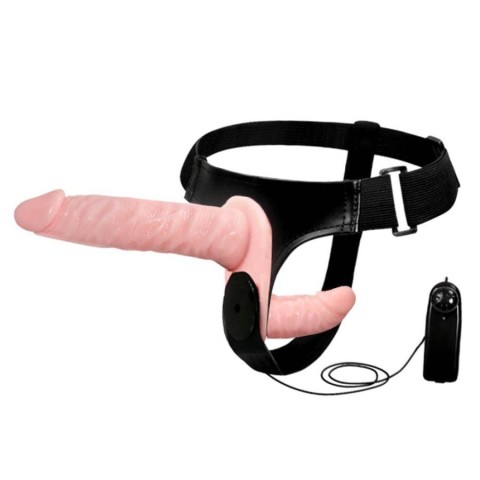 Jucarii Pentru Cupluri, Strap-on Dublu Cu Vibratii Ultra Passionate, Natural, 17.5 Cm, pasiune.ro