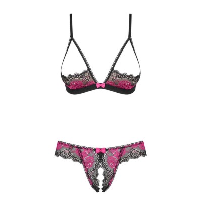 Set Lenjerie Sexy Din Dantela Cu Decupaje Tulia, Negru + Roz, S/m