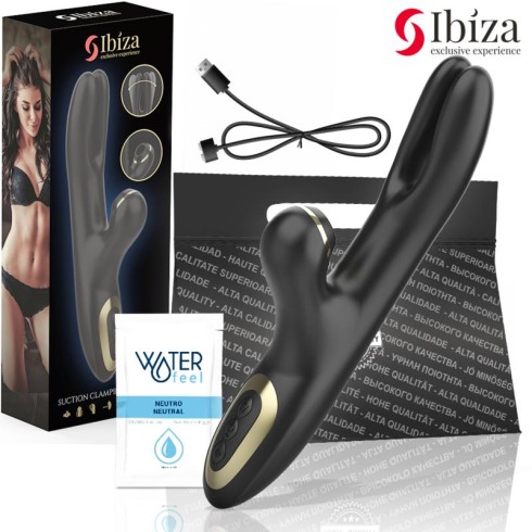 double, Vibrator Rabbit Dublu Double Clamping Cu Aspirare Si Miscare Ibiza Negru, pasiune.ro