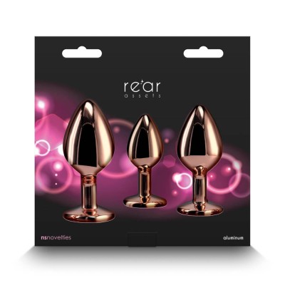 Set 3 Dopuri Anale Cu Bijuterie Rear Assets Trainer Kit Rose Gold, Auriu + Roz