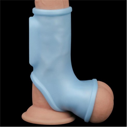 manson, Inel / Manson Penis Cu Vibratii Silk Knights With Scrotum Sleeve, Albastru, pasiune.ro