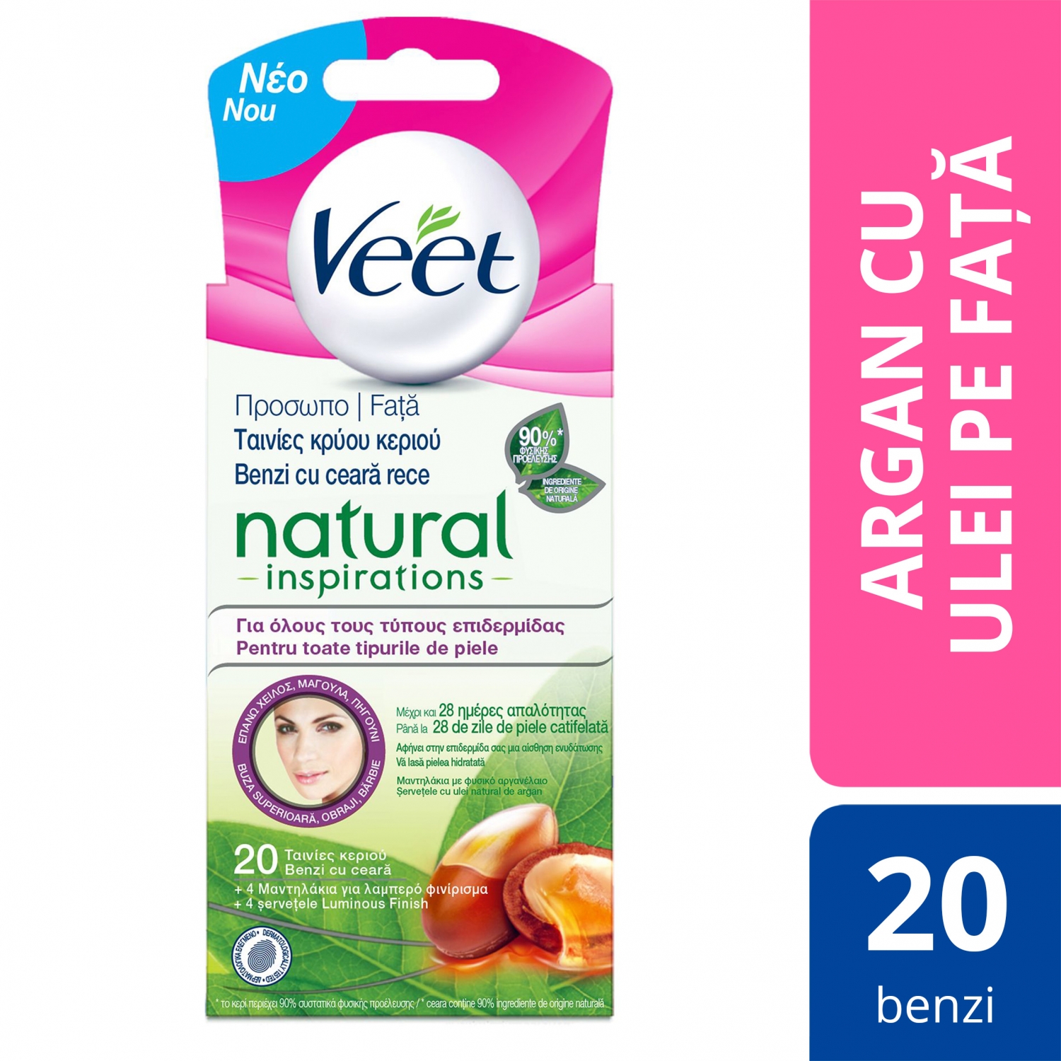 Benzi Depilatoare Veet Cu Ulei De Argan Pentru Fata 20 Buc