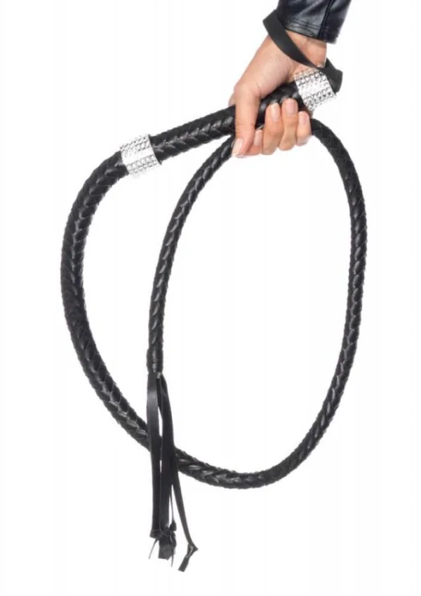 Bici Din Piele Impletita Rhinestone Handle Whip, Negru, 135 Cm