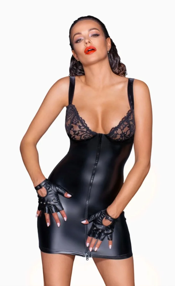 Powerwetlook Mini-dress With Lace Chest And 2-way Zipper - L