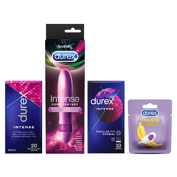 Pachet Durex Intense - Gel Stimulant 10 Ml + Vibrator + Prezervative 10 Buc + Inel Vibrator
