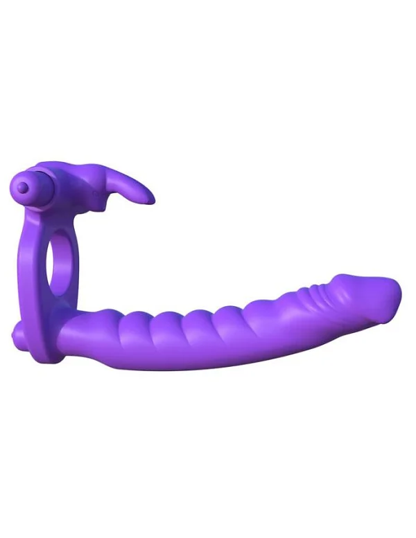 Inel Penis Cu Dildo Anal Si Vibratii Double Penetrator Rabbit, Mov, 16.5 Cm