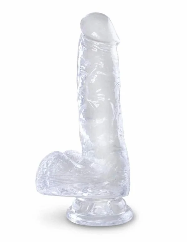 Dildo Clasic Cu Testicule Si Ventuza King Cock, Transparent, 17.8 Cm