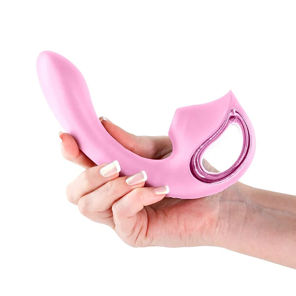 Vibrator Dublu Cu Suctiune Seduction Kaia, Roz Metalic, 16.5 Cm