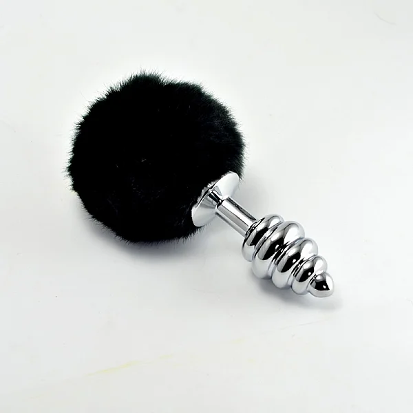 Dop Anal Metalic Spirala Cu Pompon, Negru, 7 Cm