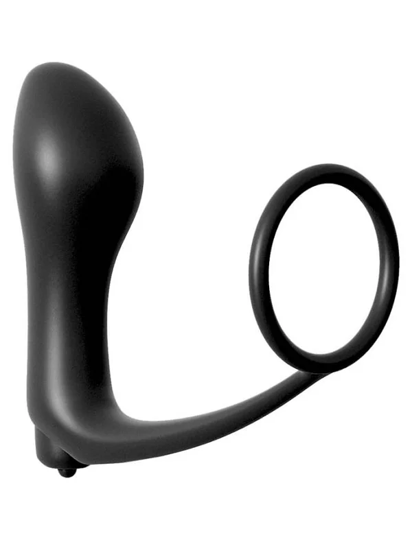 Inel Penis Cu Dop Anal Si Vibratii Ass-gasm, Negru, 9 Cm