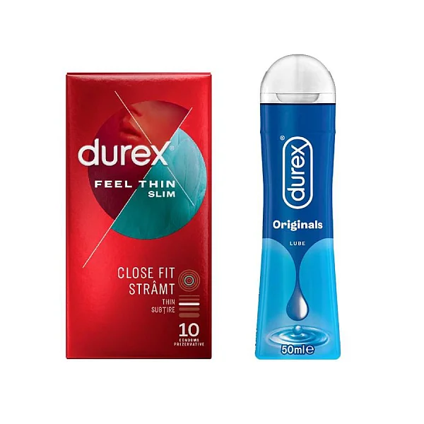 Pachet Durex Prezervative Slim Fit 10 Bucati + Lubrifiant Originals 50 Ml
