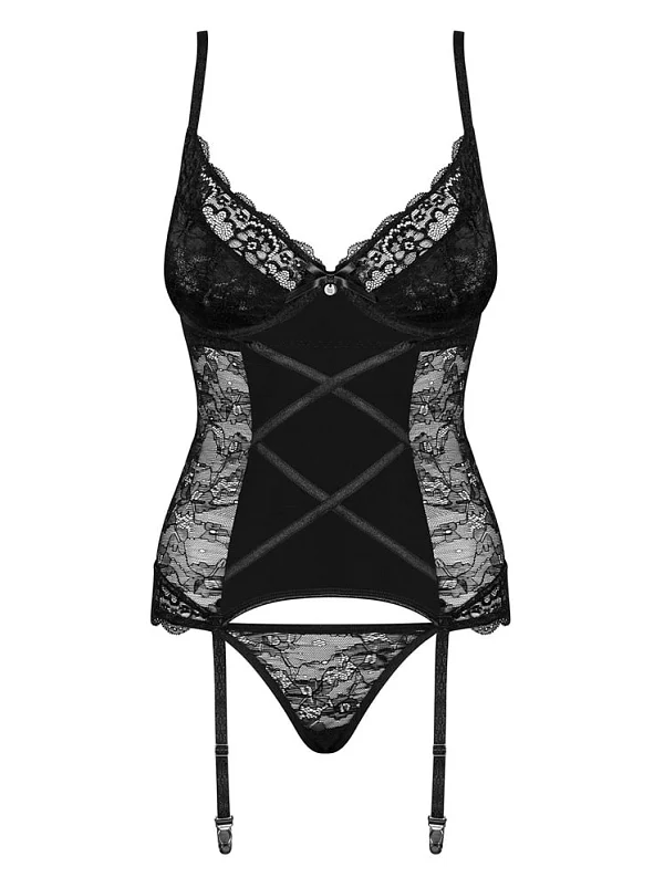 Set Corset Sexy Cu Dantela Si Chilotei String Laurise, Negru, L/xl