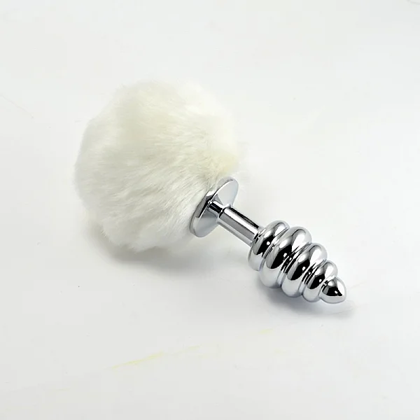 Dop Anal Metalic Spirala Cu Pompon, Alb, 7 Cm