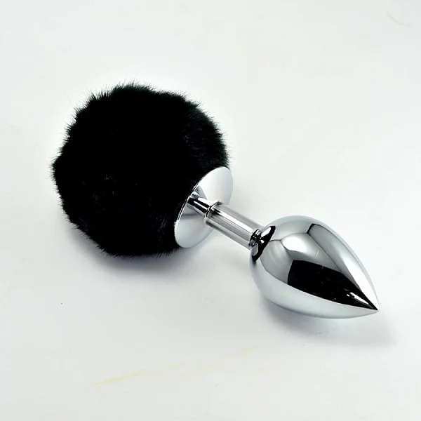 Dop Anal Metalic Cu Pompon Metal Plug, Negru, 7 Cm
